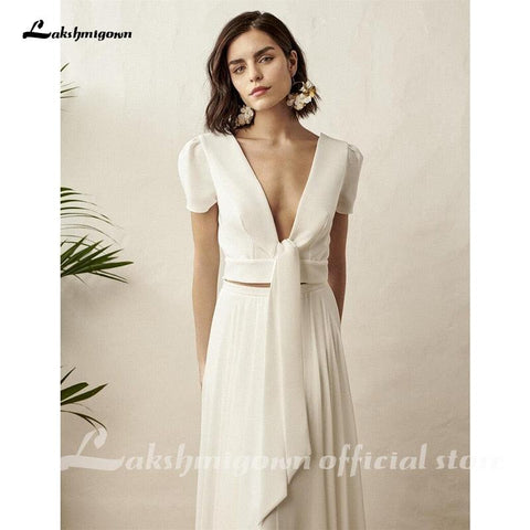 NumberSea Zweiteiliges weißes Brautkleid Boho Brautkleid Schlichtes Strandkleid Kurzarm Rückenfrei Robe De Mariee Für Frauen