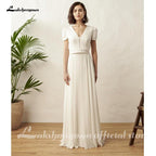 NumberSea Two Piece White Wedding Dress Boho Wedding Dress Simple Beach Short Sleeve Backless Robe De Mariee For women