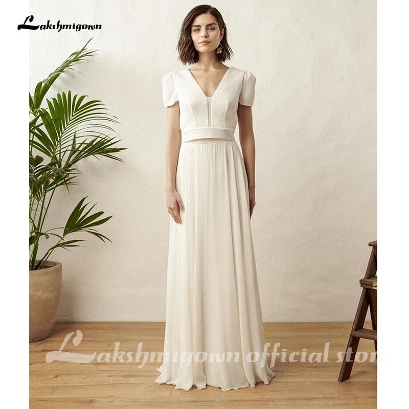 NumberSea Two Piece White Wedding Dress Boho Wedding Dress Simple Beach Short Sleeve Backless Robe De Mariee For women