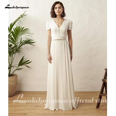NumberSea Zweiteiliges weißes Brautkleid Boho Brautkleid Schlichtes Strandkleid Kurzarm Rückenfrei Robe De Mariee Für Frauen
