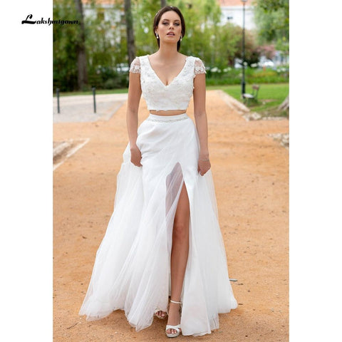 NumberSea Sexy Hochzeitskleid Boho 2021 Zwei Stücke 2 A-Linie Chiffon Seitenschlitz Bodenlangen Langarm Bohemian Brautkleider Robe De Marie