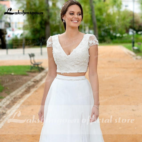NumberSea Sexy Hochzeitskleid Boho 2021 Zwei Stücke 2 A-Linie Chiffon Seitenschlitz Bodenlangen Langarm Bohemian Brautkleider Robe De Marie