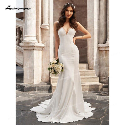 NumberSea Sexy Elegante Meerjungfrau Brautkleider Weichem Satin Ärmellose Tiefem U-ausschnitt Gericht Zug Bodenlangen vestidos de novia