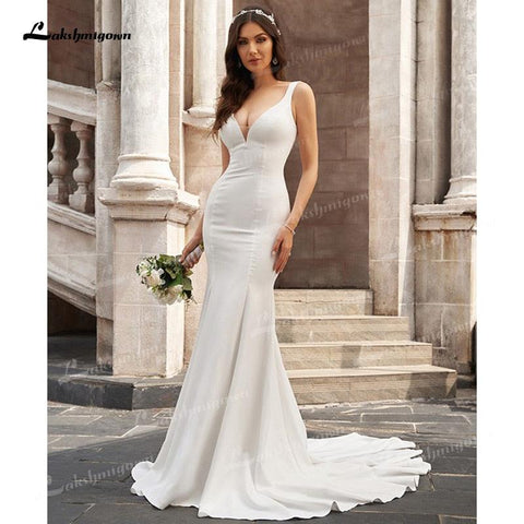 NumberSea Sexy Elegante Meerjungfrau Brautkleider Weichem Satin Ärmellose Tiefem U-ausschnitt Gericht Zug Bodenlangen vestidos de novia