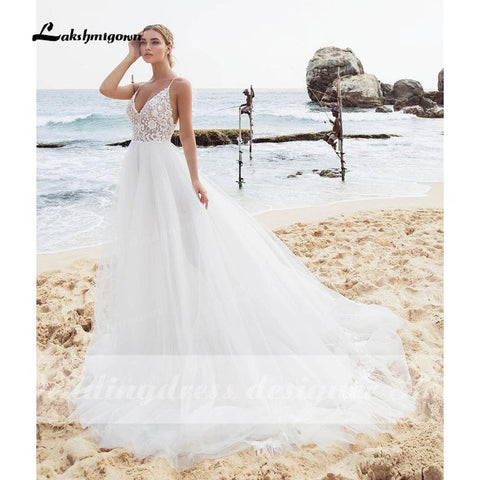 NumberSea Sexy Strand Spitze Brautkleider V-Ausschnitt Bohemian Spaghetti-Trägern Perlen Brautkleid Braut Zu Werden Luxruy Brautkleid Robe Mariee