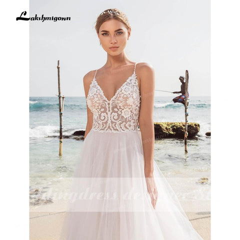 NumberSea Sexy Strand Spitze Brautkleider V-Ausschnitt Bohemian Spaghetti-Trägern Perlen Brautkleid Braut Zu Werden Luxruy Brautkleid Robe Mariee