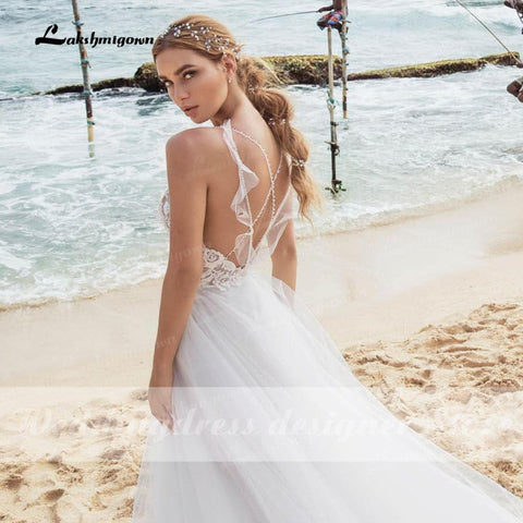 NumberSea Sexy Strand Spitze Brautkleider V-Ausschnitt Bohemian Spaghetti-Trägern Perlen Brautkleid Braut Zu Werden Luxruy Brautkleid Robe Mariee