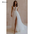 NumberSea Sexy Kurzarm A-Linie Spitze Tüll V-Ausschnitt Brautkleid mit Schlitz vorne Boho Chic Spitze Elfenbeinweiß Brautkleid abito da sposa