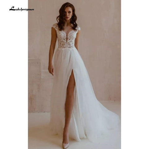 NumberSea Sexy Kurzarm A-Linie Spitze Tüll V-Ausschnitt Brautkleid mit Schlitz vorne Boho Chic Spitze Elfenbeinweiß Brautkleid abito da sposa