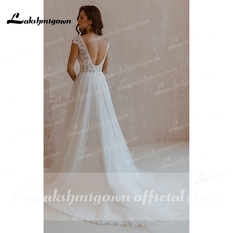 NumberSea Sexy Kurzarm A-Linie Spitze Tüll V-Ausschnitt Brautkleid mit Schlitz vorne Boho Chic Spitze Elfenbeinweiß Brautkleid abito da sposa