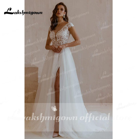 NumberSea Sexy Kurzarm A-Linie Spitze Tüll V-Ausschnitt Brautkleid mit Schlitz vorne Boho Chic Spitze Elfenbeinweiß Brautkleid abito da sposa