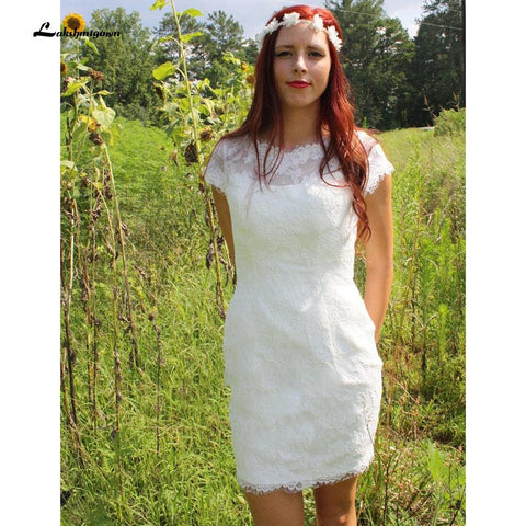 NumberSea Sommer Kurze Brautkleider 2021 Cap-Sleeve Low-V Zurück Hochzeit Kurze Spalte Spitze Kleid vestido de casamento