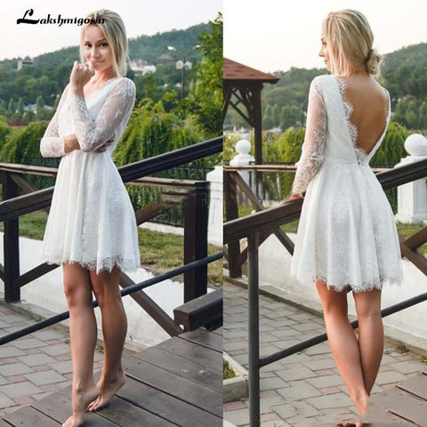 NumberSea Sexy rückenfreies kurzes Strand-Brautkleid, A-Linie, volle Spitze, durchsichtig, lange Ärmel, Sommer, Bohemian-Boho-Brautkleider