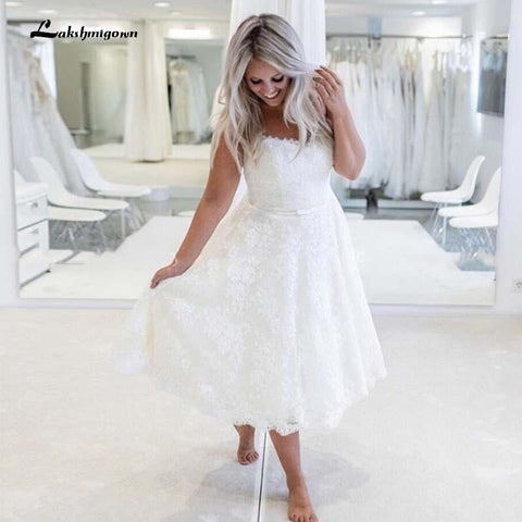 Vestido de noiva vintage NumberSea, sem alças, comprimento chá, renda, robe de mariee, vestido de noiva curto