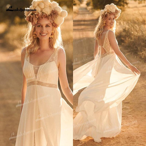 NumberSea Einfaches Boho-Spitzen-Hochzeitskleid 2021 Strandhochzeitskleid V-Ausschnitt Chiffon A-Linie Brautkleid Rückenfrei Vestido De Noiva Brautkleid