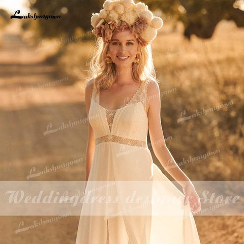 NumberSea Einfaches Boho-Spitzen-Hochzeitskleid 2021 Strandhochzeitskleid V-Ausschnitt Chiffon A-Linie Brautkleid Rückenfrei Vestido De Noiva Brautkleid