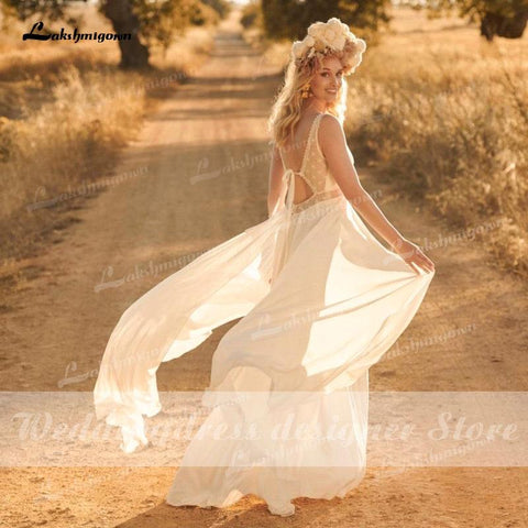 NumberSea Einfaches Boho-Spitzen-Hochzeitskleid 2021 Strandhochzeitskleid V-Ausschnitt Chiffon A-Linie Brautkleid Rückenfrei Vestido De Noiva Brautkleid