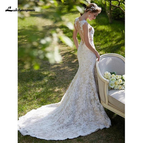 NumberSea Sexy Illusion Meerjungfrau Brautkleider V-Ausschnitt Hofschleppe Ganzflächige Spitze Normale Träger Sexy Rückenfrei mit Applikationen Knopf
