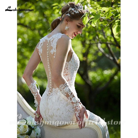 NumberSea Sexy Illusion Meerjungfrau Brautkleider V-Ausschnitt Hofschleppe Ganzflächige Spitze Normale Träger Sexy Rückenfrei mit Applikationen Knopf