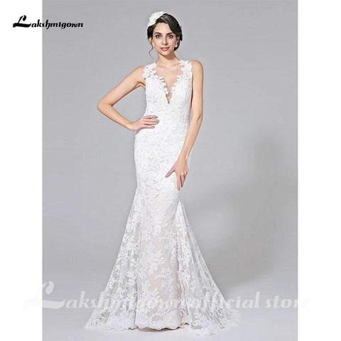 NumberSea Sexy Illusion Meerjungfrau Brautkleider V-Ausschnitt Hofschleppe Ganzflächige Spitze Normale Träger Sexy Rückenfrei mit Applikationen Knopf