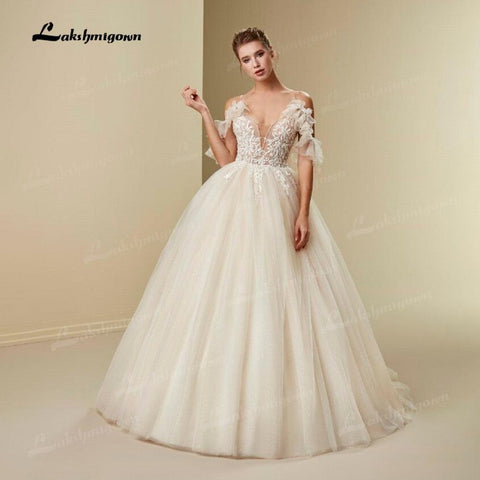 NumberSea Prinzessin Ballkleid Hochzeit Kleid Boho 2021 Casamento 3D Blume Sexy V-ausschnitt Spaghetti Strap Brautkleider Lace Up robe de mariee