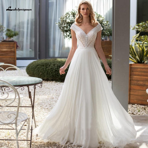 NumberSea Sommerkleid Hochzeit Chic Braut Robe Boho Brautkleider 2021 Lakshmigown Sexy Puffy Off White Chiffon Frauen Spitze Partykleider