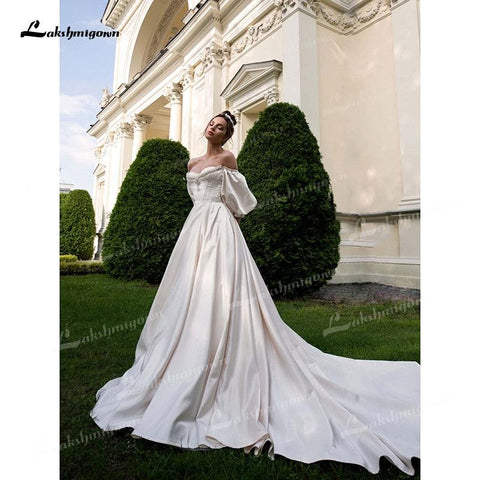 NumberSea Weiches Satin A-Linie Brautkleider Herzausschnitt Puffärmel Halbarm Mit Perlen Korsett Offener Rücken Kapelle Schleppe Brautkleider Falte