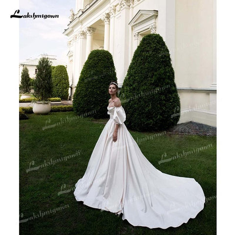 NumberSea Weiches Satin A-Linie Brautkleider Herzausschnitt Puffärmel Halbarm Mit Perlen Korsett Offener Rücken Kapelle Schleppe Brautkleider Falte