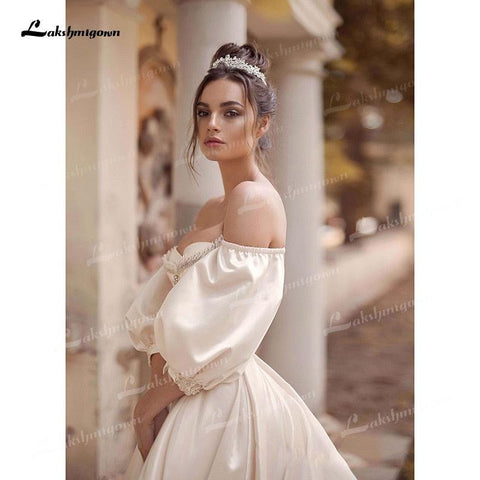 NumberSea Weiches Satin A-Linie Brautkleider Herzausschnitt Puffärmel Halbarm Mit Perlen Korsett Offener Rücken Kapelle Schleppe Brautkleider Falte