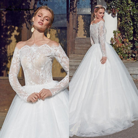 NumberSea Vintage Strand Prinzessin Brautkleider Langarm Ballkleid Boot-ausschnitt Robe Mariee Weiß Boho Brautkleider vestido de novia