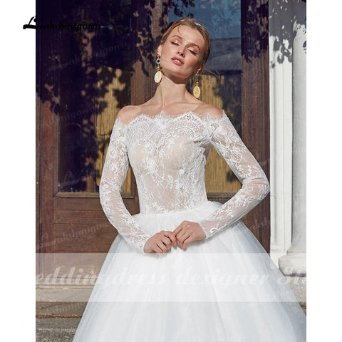 NumberSea Vintage Strand Prinzessin Brautkleider Langarm Ballkleid Boot-ausschnitt Robe Mariee Weiß Boho Brautkleider vestido de novia