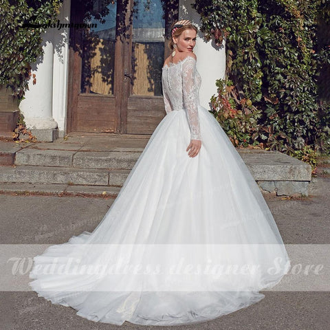 NumberSea Vintage Strand Prinzessin Brautkleider Langarm Ballkleid Boot-ausschnitt Robe Mariee Weiß Boho Brautkleider vestido de novia