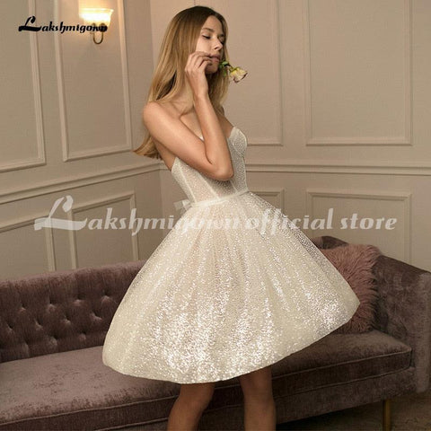 NumberSea Shiny Schatz Kurze Brautkleider 2021 Ärmellose Illusion A-linie Vintage Glitter Brautkleider Vestidos De NoviaLakshmigown