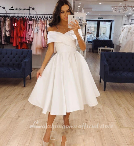 NumberSea Kurzes Hochzeitskleid Satin Knielang 2021 Falte Einfaches Schulterfreies Brautkleid Für Frauen Bräute Elegante Günstige Robe De Mariee