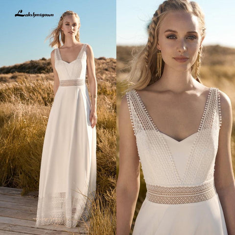 NumberSea Einfache Strand Hochzeit Kleid Spitze Robe Mariage 2021 Chic Boho Braut Empfang Hochzeit Kleider Spitze Open Back Lakshmigown