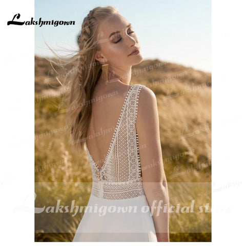 NumberSea Einfache Strand Hochzeit Kleid Spitze Robe Mariage 2021 Chic Boho Braut Empfang Hochzeit Kleider Spitze Open Back Lakshmigown