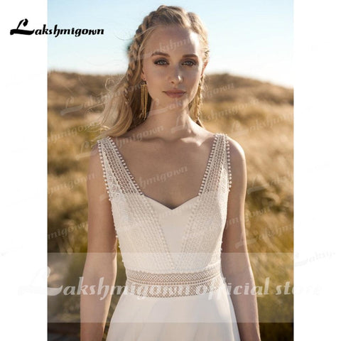 NumberSea Einfache Strand Hochzeit Kleid Spitze Robe Mariage 2021 Chic Boho Braut Empfang Hochzeit Kleider Spitze Open Back Lakshmigown