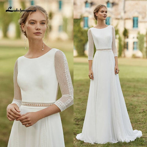NumberSea Einfache Boho Brautkleider 2021 Abnehmbare Schleppe U-Ausschnitt Vestido de Novia Chiffon A-Linie Brautkleider mit 3/4 Ärmeln