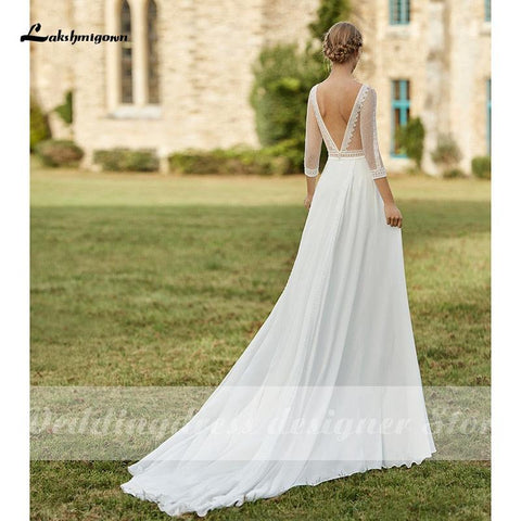 NumberSea Einfache Boho Brautkleider 2021 Abnehmbare Schleppe U-Ausschnitt Vestido de Novia Chiffon A-Linie Brautkleider mit 3/4 Ärmeln