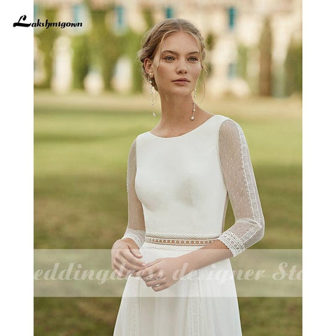 NumberSea Einfache Boho Brautkleider 2021 Abnehmbare Schleppe U-Ausschnitt Vestido de Novia Chiffon A-Linie Brautkleider mit 3/4 Ärmeln