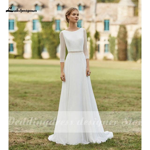 NumberSea Einfache Boho Brautkleider 2021 Abnehmbare Schleppe U-Ausschnitt Vestido de Novia Chiffon A-Linie Brautkleider mit 3/4 Ärmeln