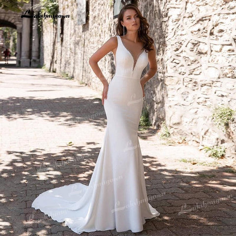 NumberSea Schlichtes, sexy Meerjungfrau-Brautkleid mit V-Ausschnitt, ärmellos, mit Perlen verziert, Hofschleppe, rückenfrei, weiches Satinkleid, Brautkleid, Robe Mariage