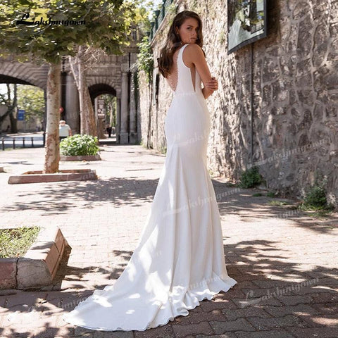 NumberSea Schlichtes, sexy Meerjungfrau-Brautkleid mit V-Ausschnitt, ärmellos, mit Perlen verziert, Hofschleppe, rückenfrei, weiches Satinkleid, Brautkleid, Robe Mariage