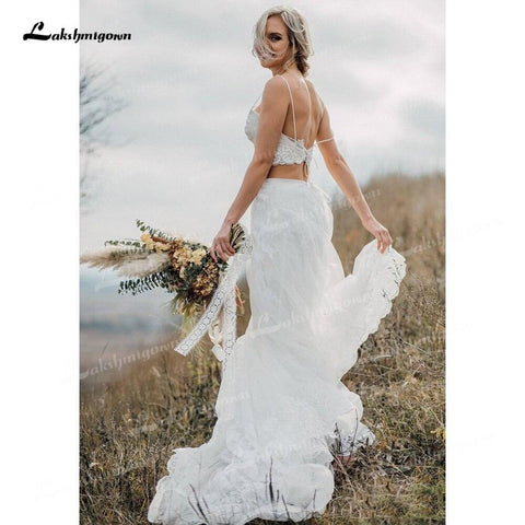 NumberSea Zweiteiliges Tüll-A-Linien-Boho-Brautkleid mit V-Ausschnitt, Spaghettiträgern, Schnürung, ärmellos, Schleppe, Brautkleider, Applikationen, Falten