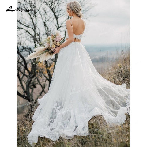 NumberSea Zweiteiliges Tüll-A-Linien-Boho-Brautkleid mit V-Ausschnitt, Spaghettiträgern, Schnürung, ärmellos, Schleppe, Brautkleider, Applikationen, Falten