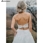 NumberSea Two Piece Tulle A-Line Boho Wedding Dresses V-Neck Spaghetti Straps Lace-Up Sleeveless Sweep Train Bride Gowns Appliques Pleats