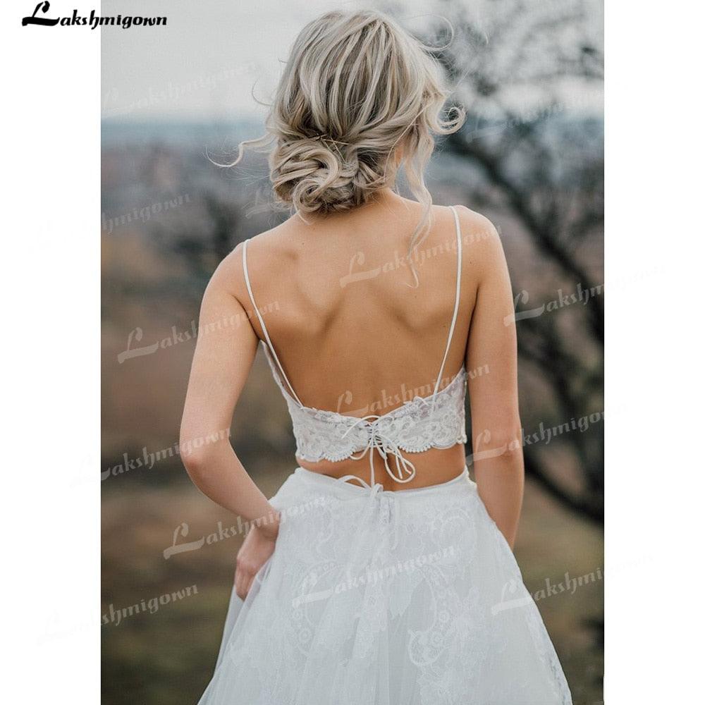 NumberSea Two Piece Tulle A-Line Boho Wedding Dresses V-Neck Spaghetti Straps Lace-Up Sleeveless Sweep Train Bride Gowns Appliques Pleats