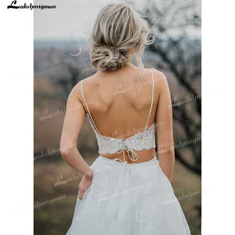 NumberSea Zweiteiliges Tüll-A-Linien-Boho-Brautkleid mit V-Ausschnitt, Spaghettiträgern, Schnürung, ärmellos, Schleppe, Brautkleider, Applikationen, Falten