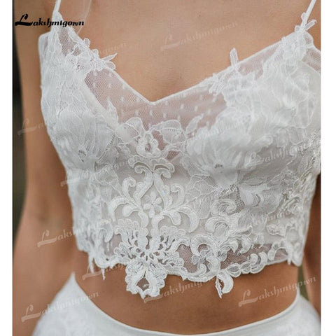 NumberSea Zweiteiliges Tüll-A-Linien-Boho-Brautkleid mit V-Ausschnitt, Spaghettiträgern, Schnürung, ärmellos, Schleppe, Brautkleider, Applikationen, Falten