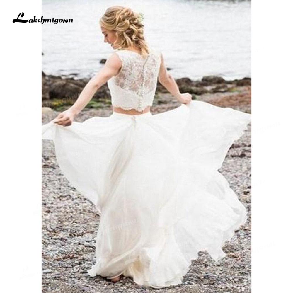 NumberSea Two Piece Chiffon A-Line Boho Wedding Dresses O-Neck Cap Short Sleeve Sweep/Brush Train Bride Gowns Appliques Pleats Lace Simple